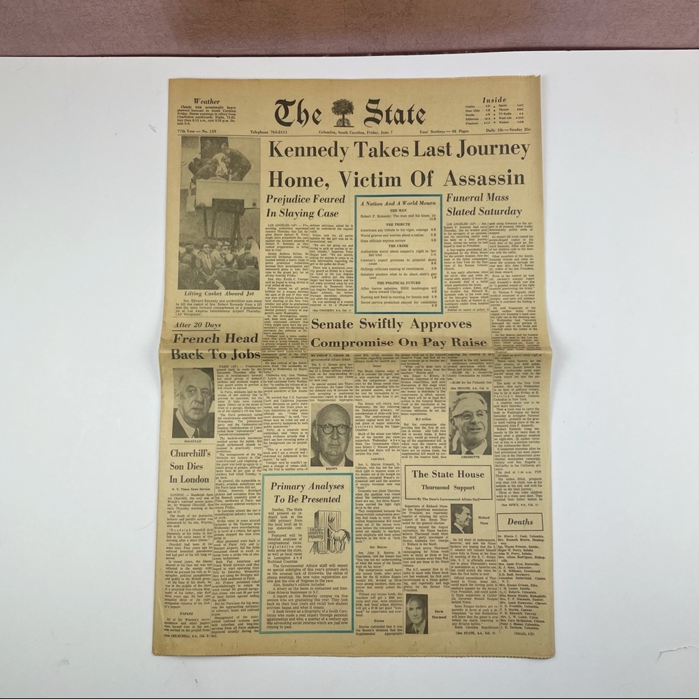 Vintage The State Newspaper President Kennedy Assassin June 7, 1968 History